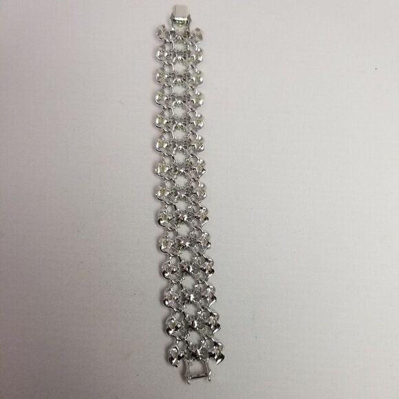 Vintage Wide Blue Rhinestone and Silver Tone Panel Bracelet, Retro 60s 70s Style - Picture 4 of 7